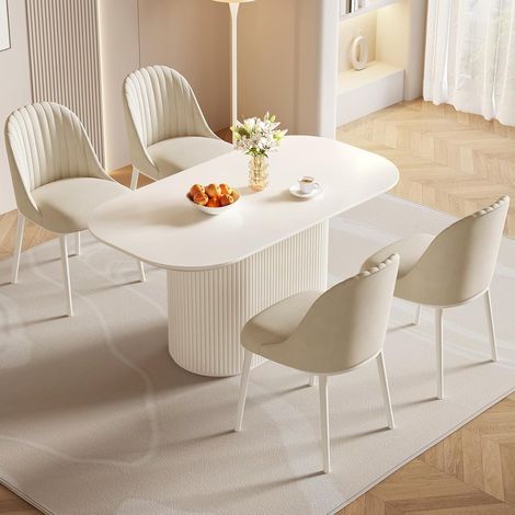 Table salle à manger ovale blanche 160 cm avec 4 chaises, moderne et résistant aux hautes températures et usure, pour salle à manger (1/5)