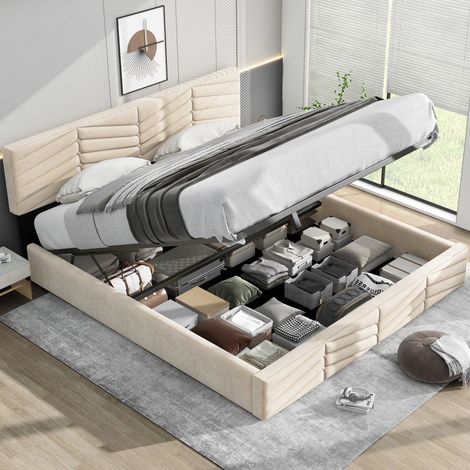 Lit double hydraulique rembourré en velours rayé- Tête de lit réglable- Fonctionnel- 182x205.5x95cm-Sans Matelas (1/5)
