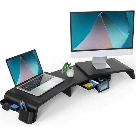 Fenge Dual Monitorstnder Bildschirmstnder aus Holz f¨¹r Computer TV Laptop,Monitor Stand Swivel Lnge Justierbar mit Schublade, Telefonhalter, 74-107 x 23,5 x 8,9 cm, Schwarz G04B1102B (1/5)