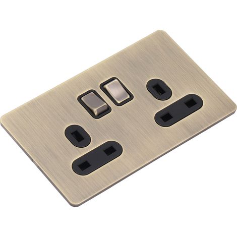 Prise murale électrique avec 2 interrupteurs à bouton et double prise AC, finition bronze texturé, plaque en acier inoxydable, pour usage intérieur (1/5)