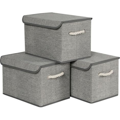 SONGMICS Boîtes de Rangement en Tissu, Lot de 3 Coffres, Bacs avec Couvercle, Poignées Coton, Motif Lin Gris RFB013G02 (1/5)