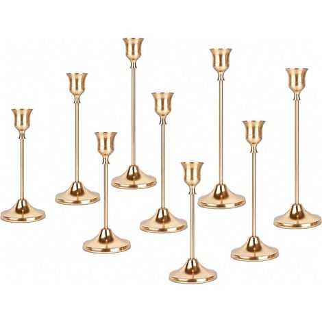 Lot de 9 bougeoirs coniques en alliage de zinc, style vintage, hauteurs 16,5/19/22 cm, pour mariages, fêtes, dîners. (1/5)