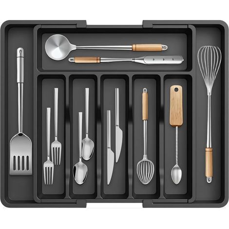 Range Couverts pour Tiroir, plateau à couverts extensible de 33 à 57 cm, boîte de rangement en matériau PP à 8 compartiments, adaptée aux cuillères fourchettes (pas de couverts) (1/5)