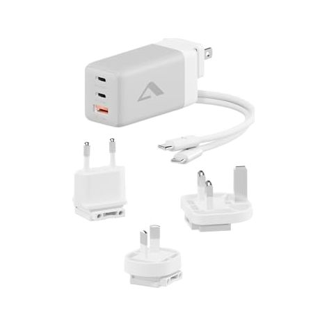Alogic 3x67 Rapid Power  67 W PD Cargador  Travel Charger (UE, UK, US y AU/NZ)  Tecnología de Carga GAN  2 x USB-C  USB-A  Cable  Blanco