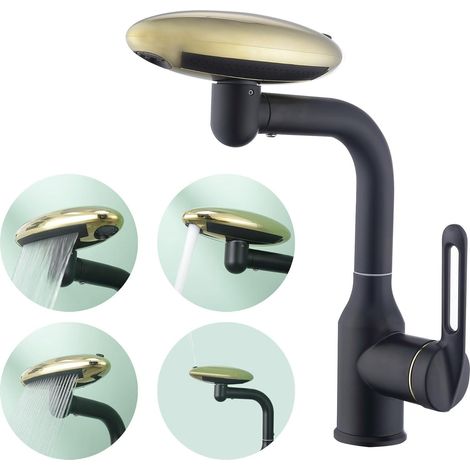 Robinet cascade de lavabo en acier inoxydable noir et or, soucoupe volante, multifonction, 4 niveaux d'eau, rotation à 360° (1/5)