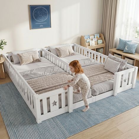Montessori Lit de sol pour enfant 90x200 cm,lit double avec Barrière de Sécurité,Montessori Lit pour enfant en Bois Massif Pin,lit de jeu pour 2 enfants,garçons et filles sans sommier à lattes,Blanc