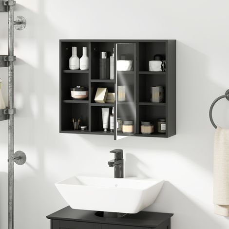 Mobiletto da bagno con specchio, armadietto con ante e 6 vani a giorno, 60 x 14,5 x 49,4 cm, nero.