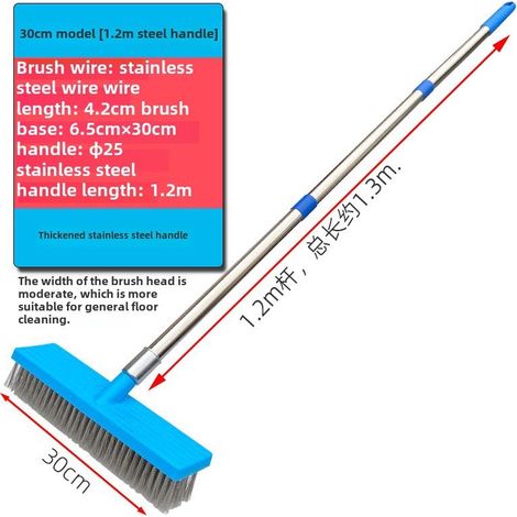 Brosse de sol inox à manche long 30cm – manche 1,2m – fils acier inoxydable, support plastique, nettoyage intensif (1/5)
