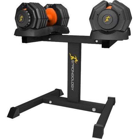 Strongology Urban25 Orange Adjustable Dumbbells Pair + Urban25 Durable Steel Matching Dumbbell Floor Stand