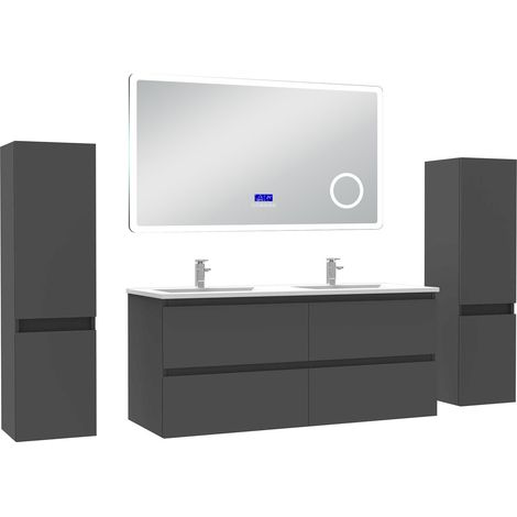 Acezanble ensemble meuble 120 cm anthracite avec 4 tiroirs à fermeture automatique, lavabo céramique + miroir salle de bain Bluetooth tricolore + 2 colonnes, suspendu