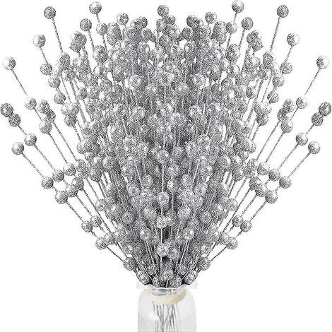 Bayas plateadas, tallos artificiales para decorar el árbol de Navidad, adornos navideños con purpurina, palitos para manualidades. (1/5)