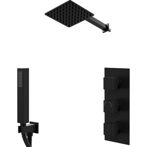 Colore Square Matt Black Concealed Triple Thermostatic Shower Valve and 200mm Fixed Head with 345mm Wall Arm and Outlet Holder with Kit - 2 Outlet (1/5)