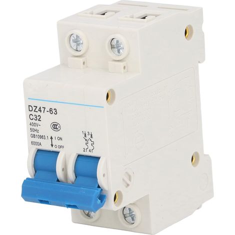 Disjoncteur Modulaire 2P 32A 400V, DZ47-63 Courbe C, pour Tableau Électrique et Protections Générales, Montage sur Rail DIN, pour Système de Distribution d'Éclairage (1/5)