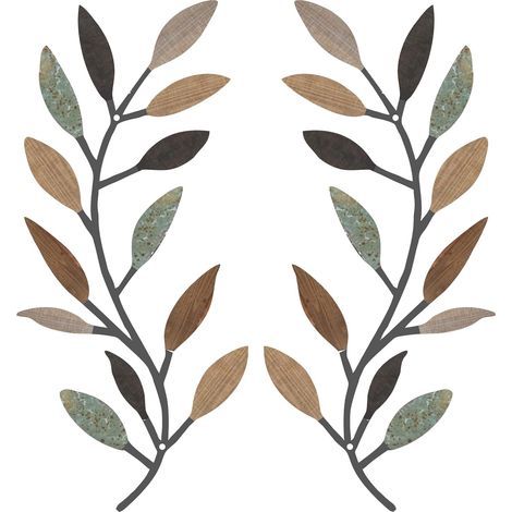 Lot de 2 décorations murales en métal représentant des feuilles d'arbre, des branches d'olivier et des feuilles de vigne, pour salon, couloir ou extérieur (couleur classique). (1/5)