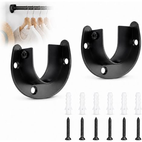 Lot de 2 supports de tringle à vêtements - 32 mm - Noir - Support de tube rond ouvert - Montage mural - Support mural en métal pour tringle à vêtements, armoire, penderie, tringle à rideau de douche (1/5)