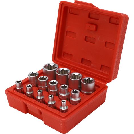 Kit d'outils de réparation comprenant 14 douilles Torx de type E (E4 à E24) avec entraînements 1/4", 3/8" et 1/2". (1/5)