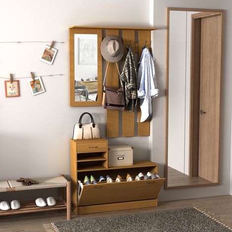 Modernes Flurmöbel-Set mit Schuhregal und Spiegel, Garderobenständer mit 6 Haken, 2 verstellbaren Ablagen und Holzschubladen für den Flur, 90 x 24 x 166 cm, Holz