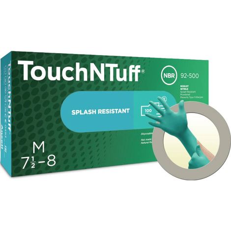 Ansell – Boîte de 100 gants jetables nitriles Touch N TUFF vert 240 mm – Épaisseur 0,12 mm – Usage unique – Protection contre produits chimiques