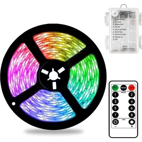 Bande LED de 3 m alimentée par batterie avec télécommande, 90 LED, étanche, 8 modes, intensité réglable, sécable (multicolore) (1/5)