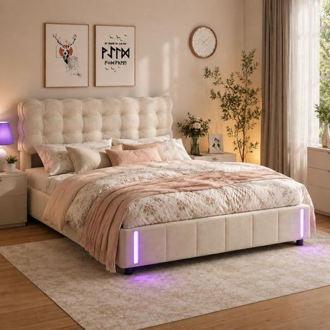 Lit coffre 160x200 cm – tête capitonnée velours beige – LED – rangement hydraulique pratique (1/5)