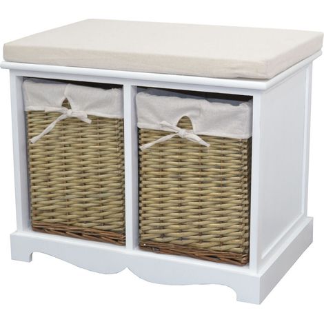 Panca contenitore di design vintage in MDF bianco con 2 cestini in salice bianco/naturale MED05171