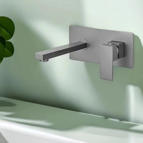 Robinet de Lavabo Encastrable Mural Gris Brossé en Laiton - Mitigeur Chaud/Froid Carré Monobloc avec Plaque pour Vasque (1/5)