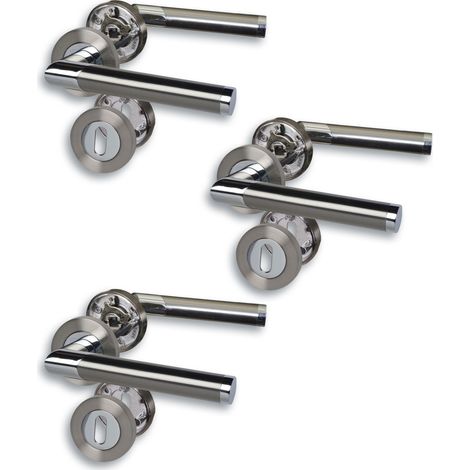 Lot de 3 ferrures de porte à rosace - Chromé/acier inoxydable satiné - Pour 3 portes de chambre - Avec trou de serrure - Diamètre : 52 mm - Poignée de porte