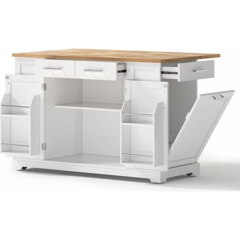 Isla de cocina moderna 138 cm MDF blanca con encimera abatible, ruedas, enchufes y almacenamiento (1/5)