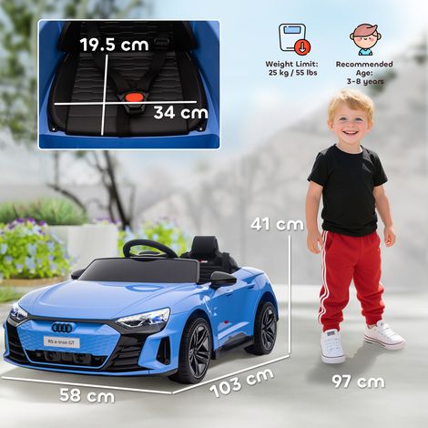 Voiture électrique télécommandée avec suspension et klaxon, idéale pour les enfants de 3 à 5 ans. Dimensions : 103 x 58 x 41 cm. Disponible en bleu et en noir. (1/5)
