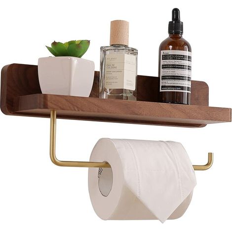 moon Wooden Toilet Paper Holder with Shelf Self Adhesive Wall Mounted Toilet Paper Holder 30cm for Bathroom, Walnut (1/5)