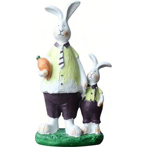 Hasenfiguren aus Kunstharz, Vater und Sohn: Osterhasen mit Karotten, passende Kleidung, frühlingshafte Wohndekoration. (1/5)
