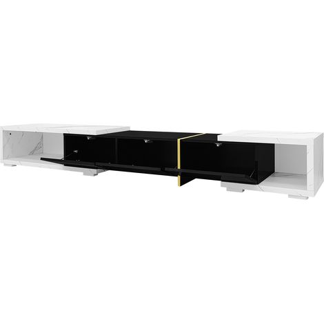 Meuble TV extensible 140-260 cm avec finition marbre blanc, noir mat et détails dorés (1/5)