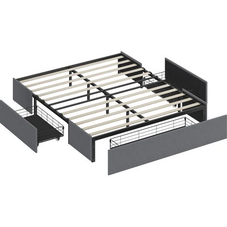 Struttura Letto Matrimoniale 165x193x30 cm a Doghe con 3 Cassetti in Legno Poliestere e Metallo Grigio (1/5)