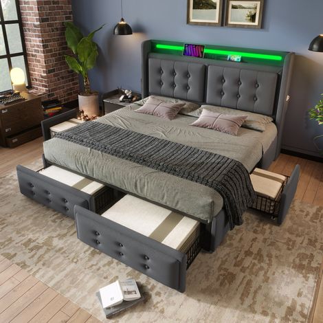 Bett mit Stauraum 180x200 cm, Baumwoll-Leinen Grau, mit LED-Kopfteil, USB-C, USB, 4 Schubladen und Lattenrost