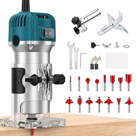 800W 30000RPM Wood Router with 15pcs 1/4" Shank Router Bit Tool with 6/6.35mm Clamps for Woodworking (1/5)