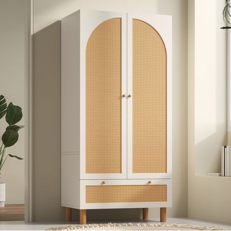 MODFU – Armadio guardaroba in MDF e rattan bianco con 2 ante, cassetto e ripiani regolabili, 85,5x52x180,5 cm – Bianco (1/5)