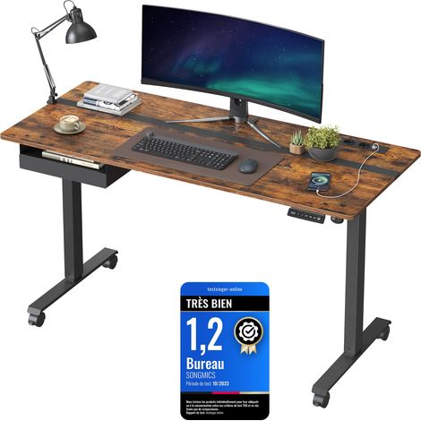 Bureau Électrique Réglable en Hauteur, Bureau Assis-debout, Surface 60 x 140 cm, Réglable en Continu, Fonction Mémoire de 4 Hauteurs, Marron Rustique et Noir LSD114X01 (1/5)