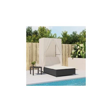 Chaise longue double avec toit et rideaux noir résine tressée (1/5)