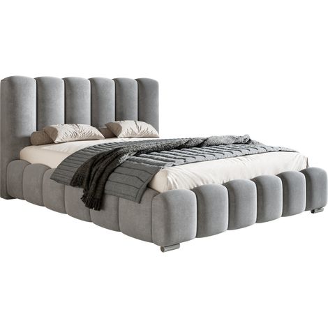 Lit adulte 200x200 Pearl avec sommier - lit double - tissu velours, mousse épaisse - Gris clair (Amor Velvet 4318) + CADRE À LATTES EN MÉTAL (1/5)