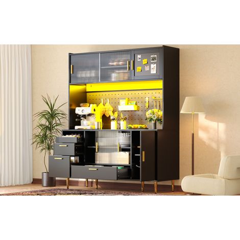 Armario de cocina 140x40x180 cm con puertas correderas de cristal, LED, cajones y estantes ajustables, MDF y metal, negro (1/5)