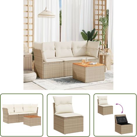 The Living Store Salon de jardin avec coussins 4 pcs beige résine tressée - Ensemble Salon De Jardin - Mobilier De Jardin - Canapé Extérieur - Chaise Extérieure - Table Basse (1/5)