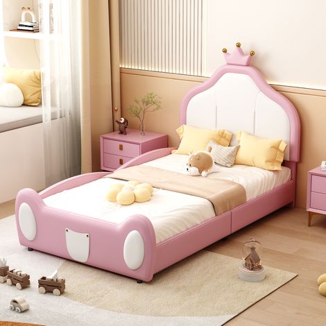 Letto singolo 90x200 cm, con testata a forma di corona, sommier a doghe in legno, struttura in metallo, letto imbottito per bambini in similpelle - Rosa