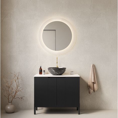Meuble lave-mains sur pied 76 cm en céramique, pierre frittée et MDF noir, 2 portes à fermeture douce (1/4)