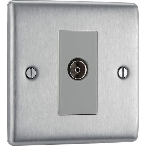 Prise électrique simple coaxiale en acier brossé avec insert gris (1/5)