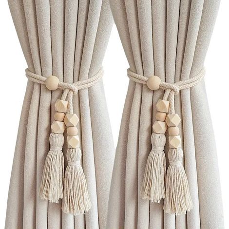 Embrasses de fenêtre à pompons 2 pièces, embrasses décoratives pour rideaux, design en bois et coton polyester, supports élégants, clips flexibles, embrasses créatives et élégantes pour une utilisatio