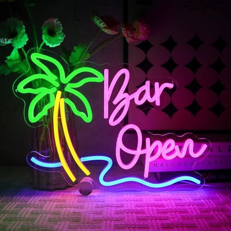 Enseigne Néon Bar Ouvert Panneau Néon Palmier pour Décoration Murale Lampe murale en néon pour bar Enseigne USB Led Open pour Bar à Bière Club Business Home Pub Man Cave Party Decorations (1/5)