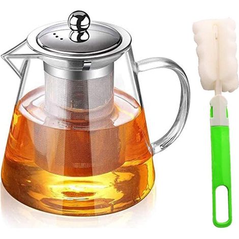 1300ML Rond Théière en Verre avec Infuseur, Avec Infuseur Amovible Matériau borosilicate, Transparent,Avec Brosse à tasse,Poignée anti-brûlure,Il peut être lavé au lave-vaisselle (1/5)