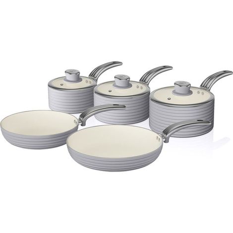 Swan Retro SWPS5020GRN 5 Piece Aluminium Pan Set With Glass Lid, Non Stick Ceramic Coating, Grey