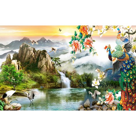 Papier peint panoramique - Cascade Oiseaux - 325 cm x 203 cm (1/2)