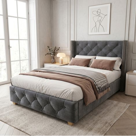 lit 90x190 velours gris capitonne avec tete de lit HAVRYA (1/5)